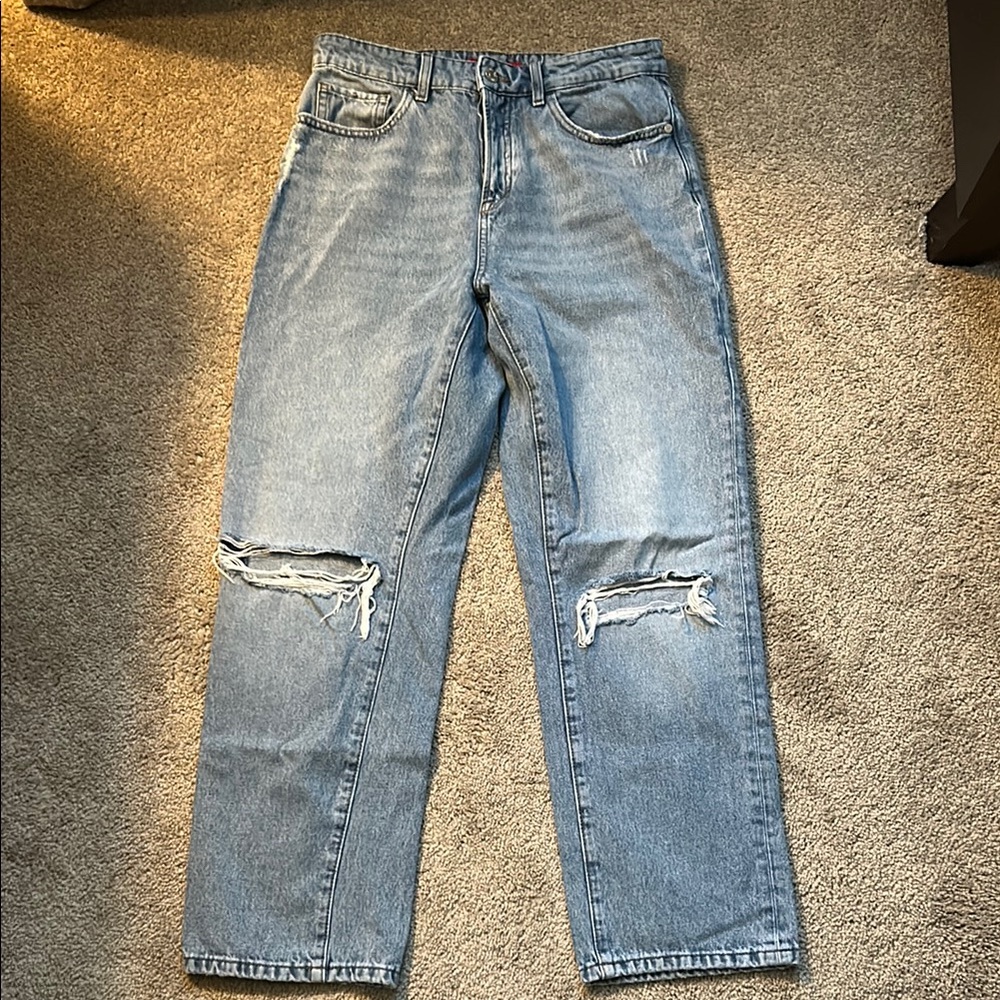 Guess Blue Flare Wide Leg Jeans with Distressed Details